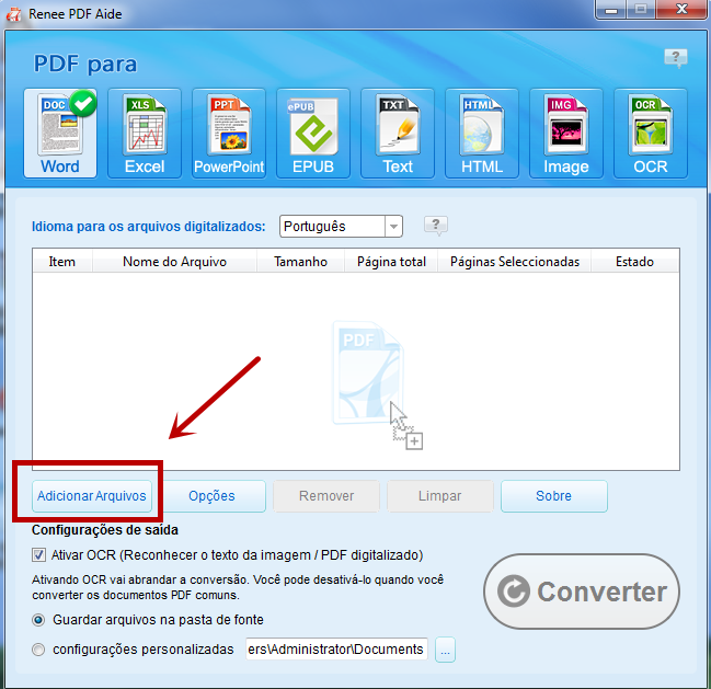Importar arquivos PDF que deseja converter
