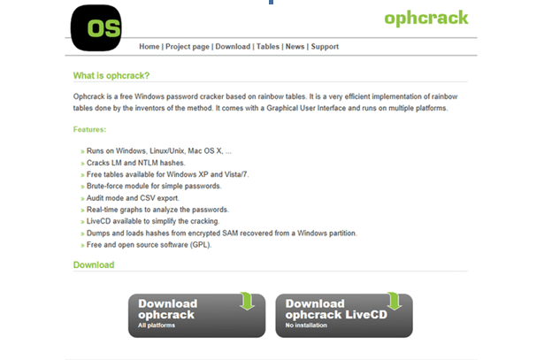 Visite o site Ophcrack em um PC normal
