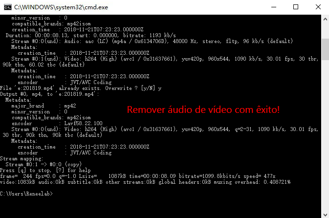 Remover áudio de vídeo com êxito