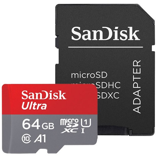 um cartão de memória com 64GB da marca SanDisk