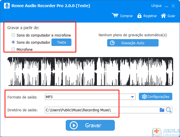 escolha fonte de som e defina formato e localização de saída