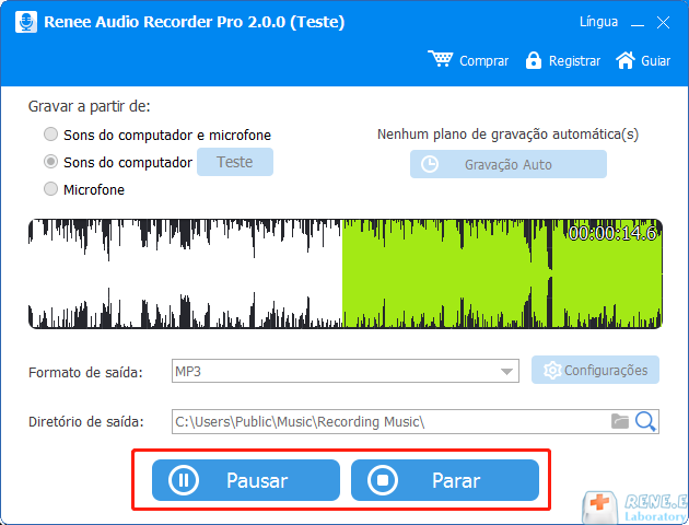 gravar pausar e parar