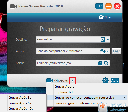 definições ao lado de gravar