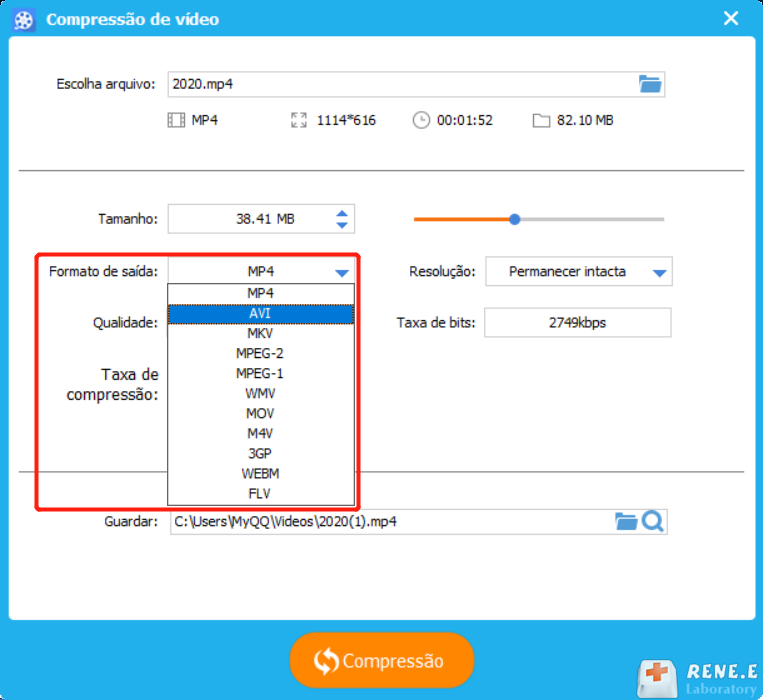 alterar as parâmetro tal como formato de saída