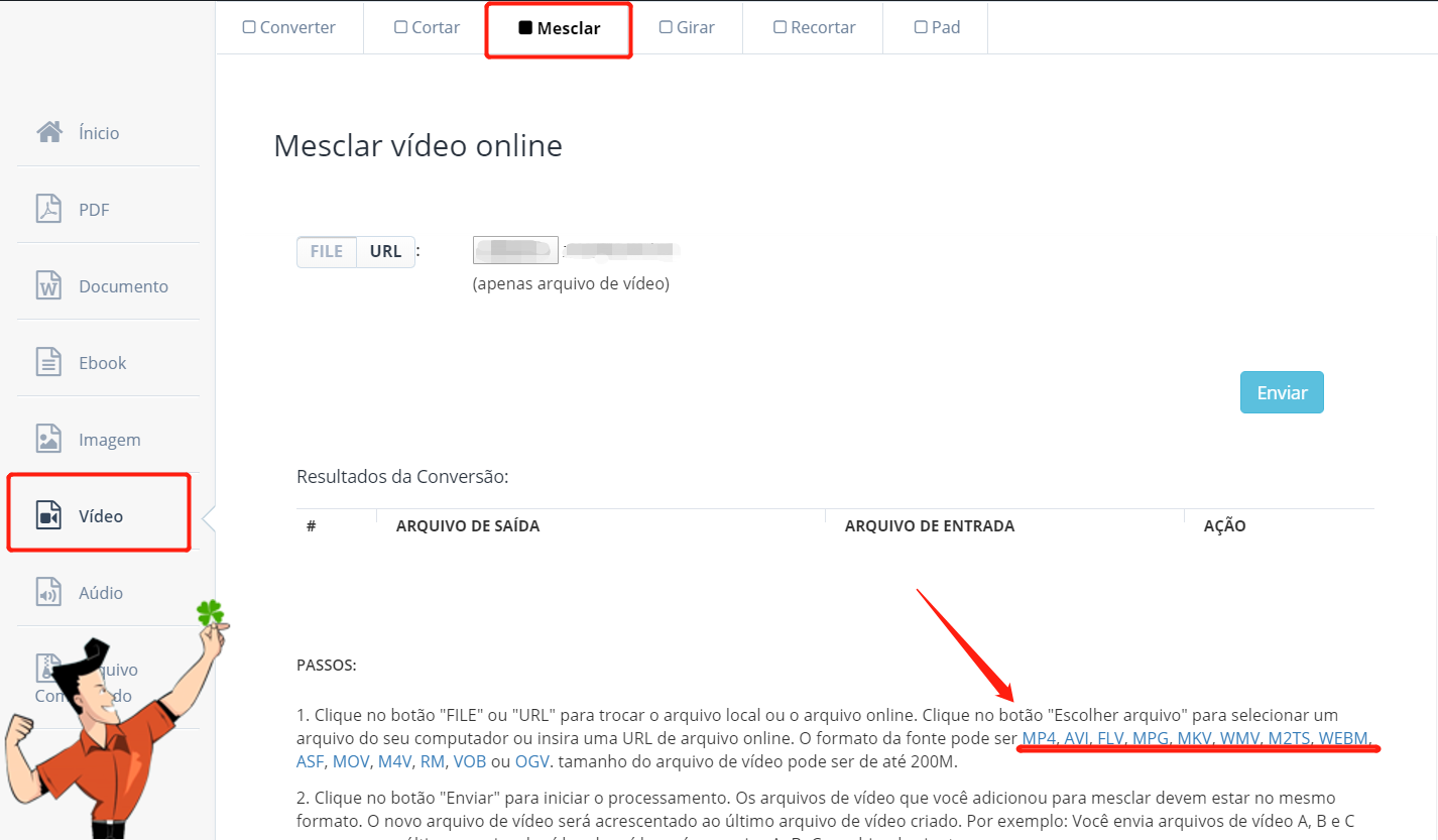 juntar vídeos online usando ACONVERT.COM