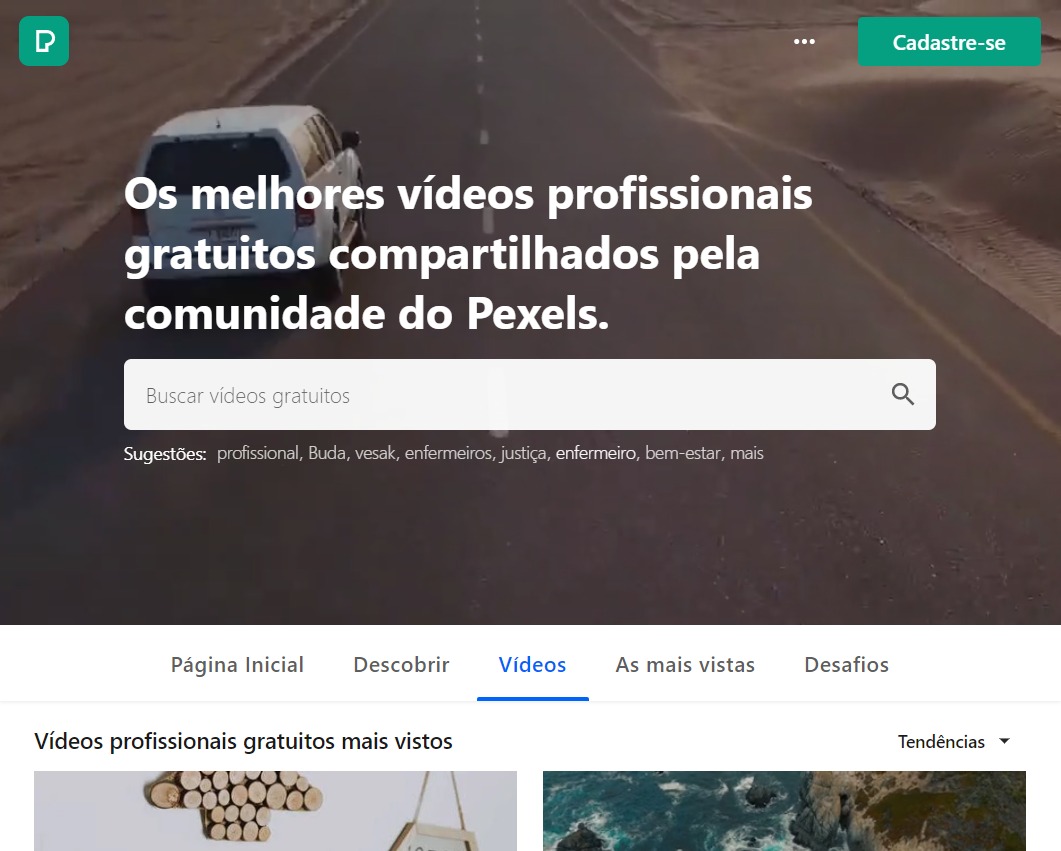 PexelsVideos é uma conhecida plataforma gratuita de material de vídeo e imagem