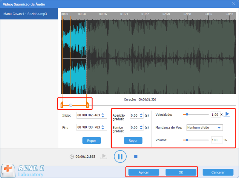 cortar música alterando alguns parâmetros