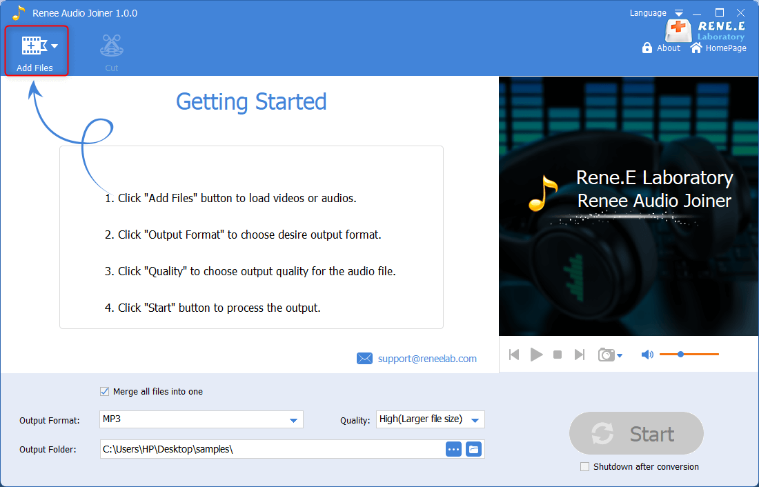 adicione arquivos de áudio para mesclar com Renee Audio Tools