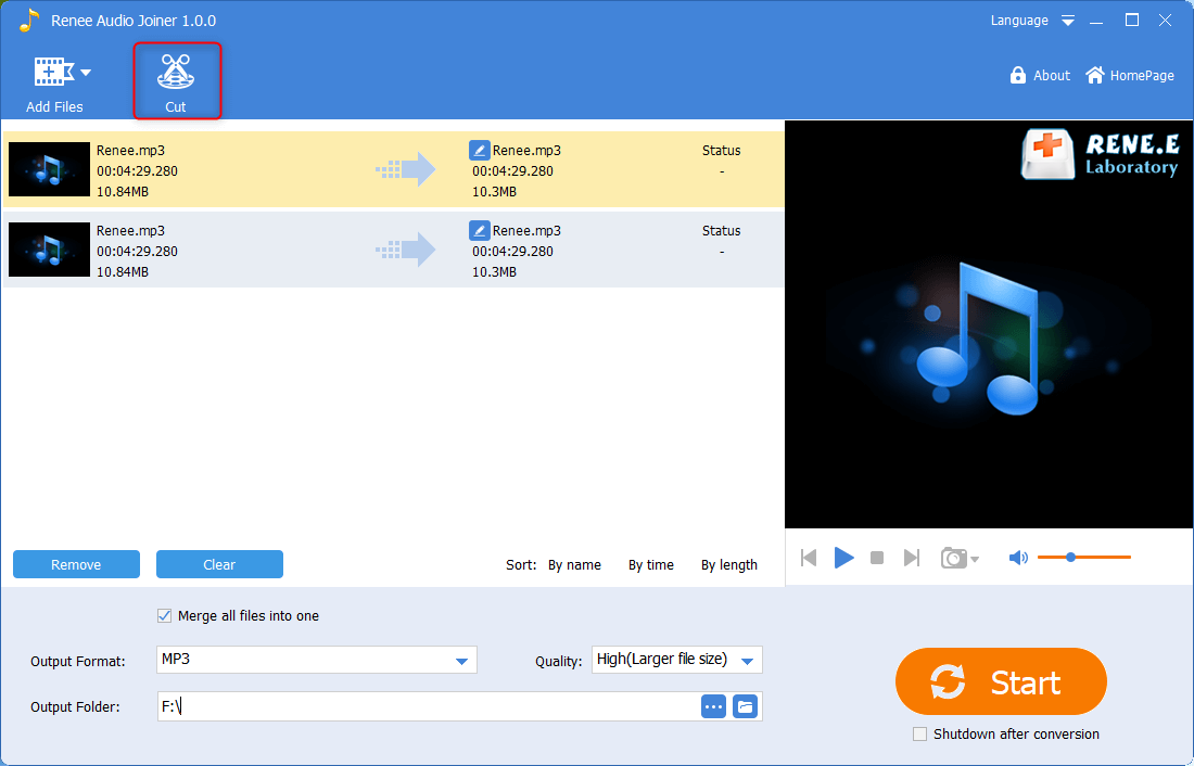 cortar arquivos de áudio para fundir com Renee Audio Tools