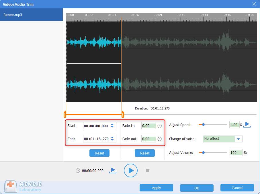 cortar arquivo de áudio com Renee audio Tools